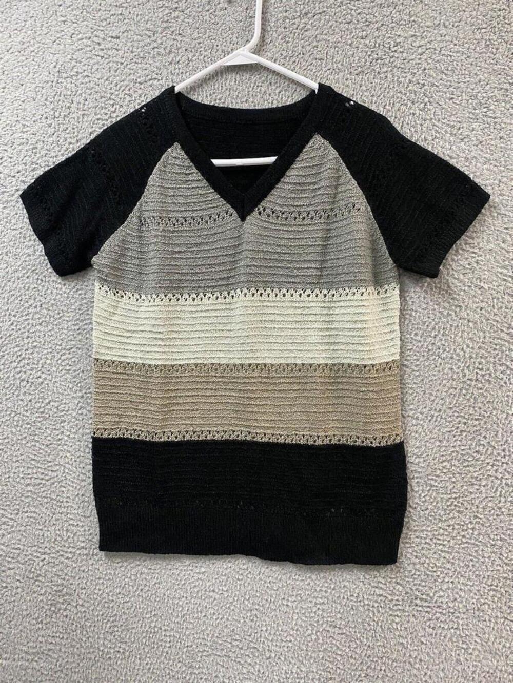 Sweater Shirt Womens M Black Beige Gray V Neck Short Sleeve Stripped
